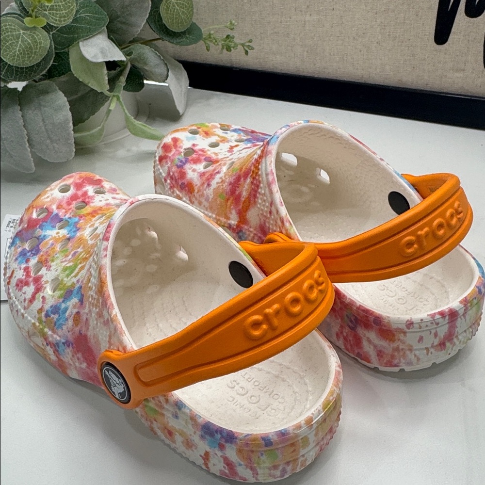 CROCS Multicolor Tie-Dye Clogs with Orange Strap - Picture 3 of 3